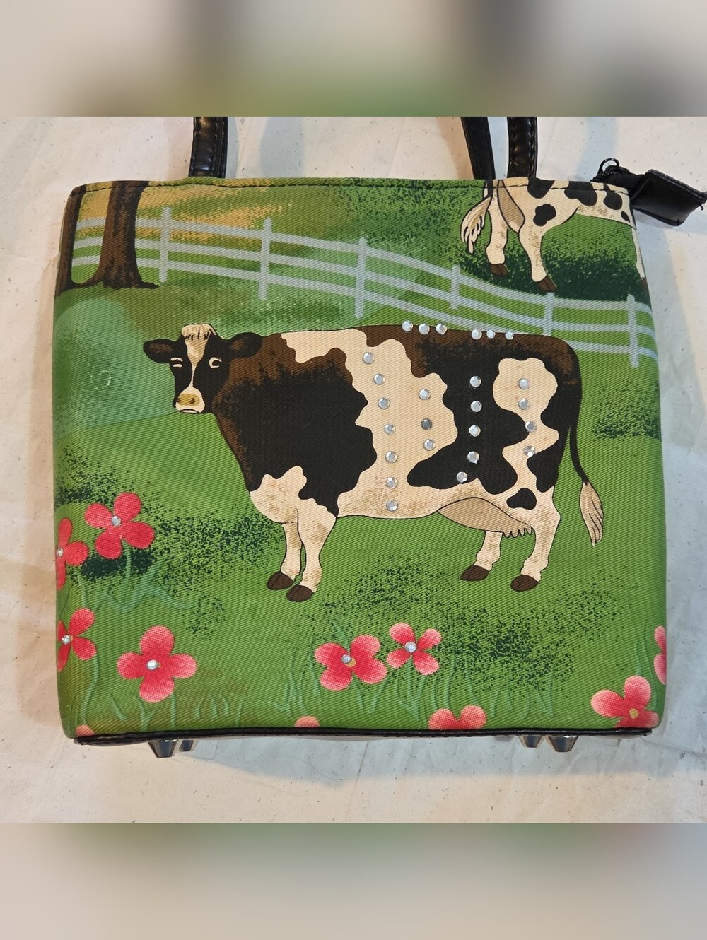 Green Cow-Print Canvas Shoulder Bag with Rhinestone Detail